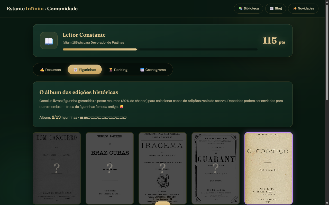 Tela real da comunidade: nível de leitor com barra de progresso e álbum de figurinhas com edição histórica desbloqueada